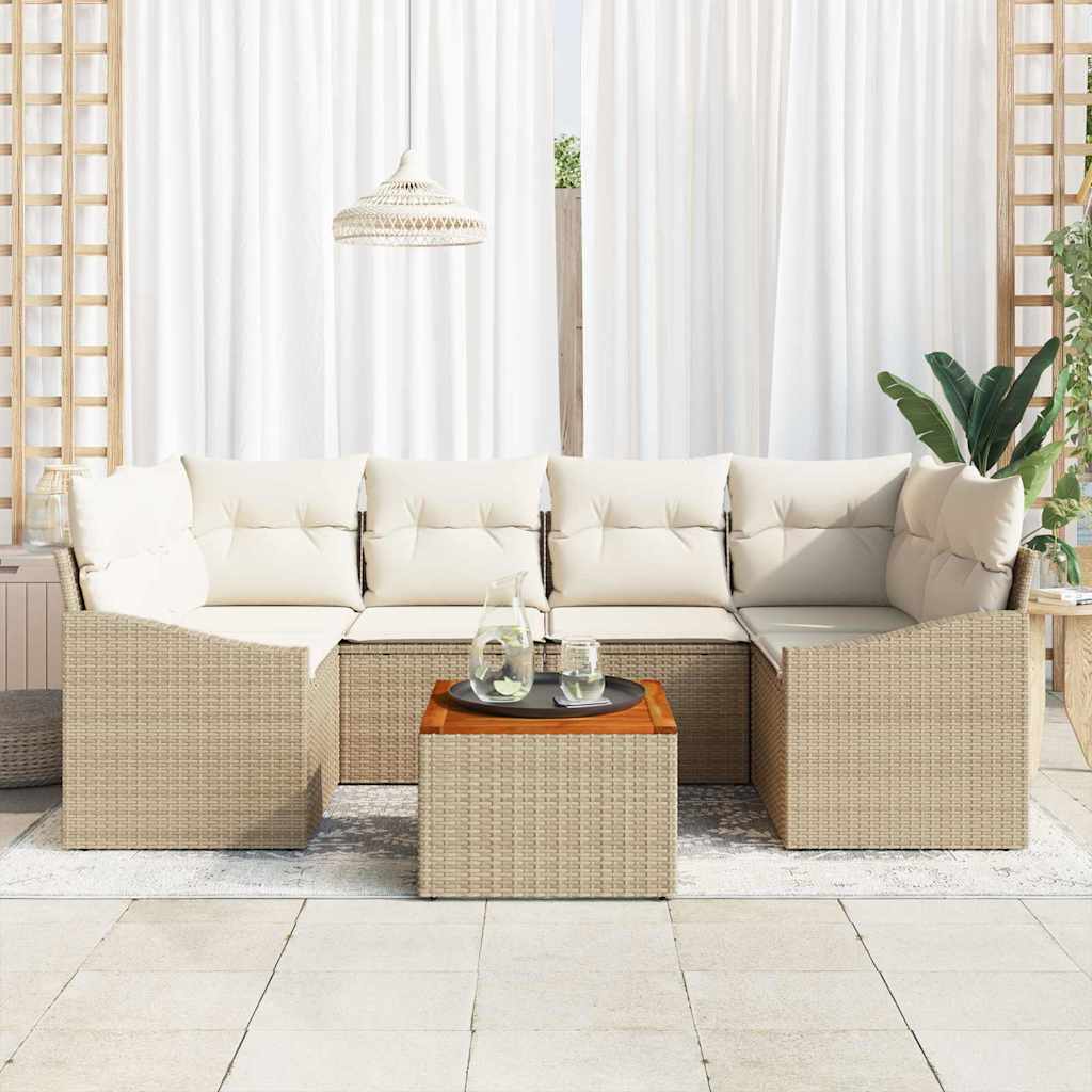 Gartensofa-set mit Speicher 7 pcs Beige und Creme Poly-Rattan