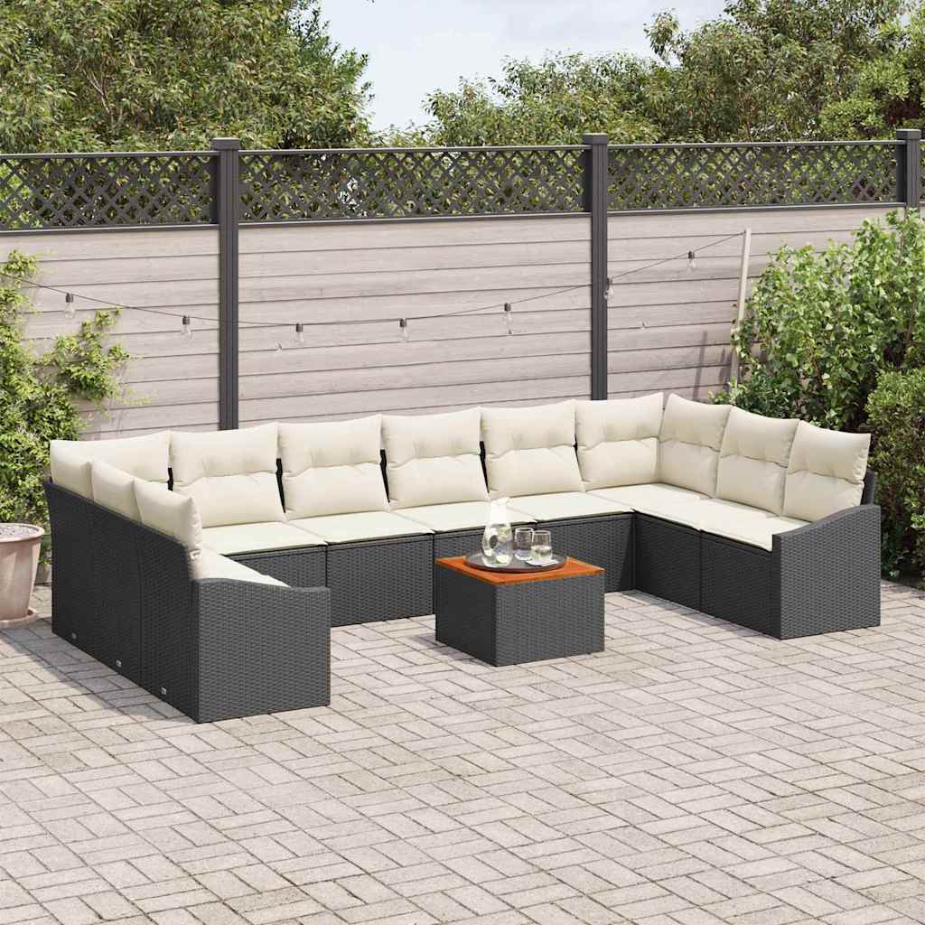 Gartensofa-set 11 pcs Schwarz und Creme Poly-Rattan
