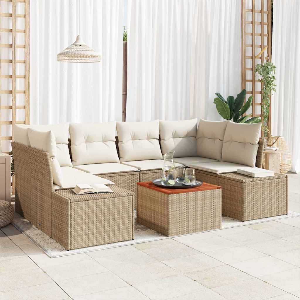 Gartensofa-set mit Speicher 7 pcs Beige und Creme Poly-Rattan