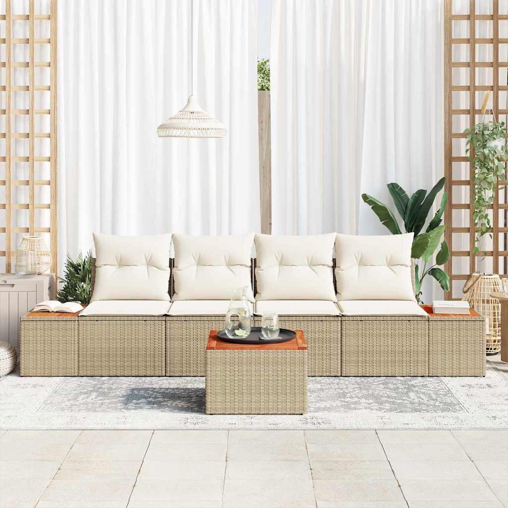 vidaXL Garten-Sofa-Set mit Kissen mit Speicher 5 pcs Beige Poly Rattan