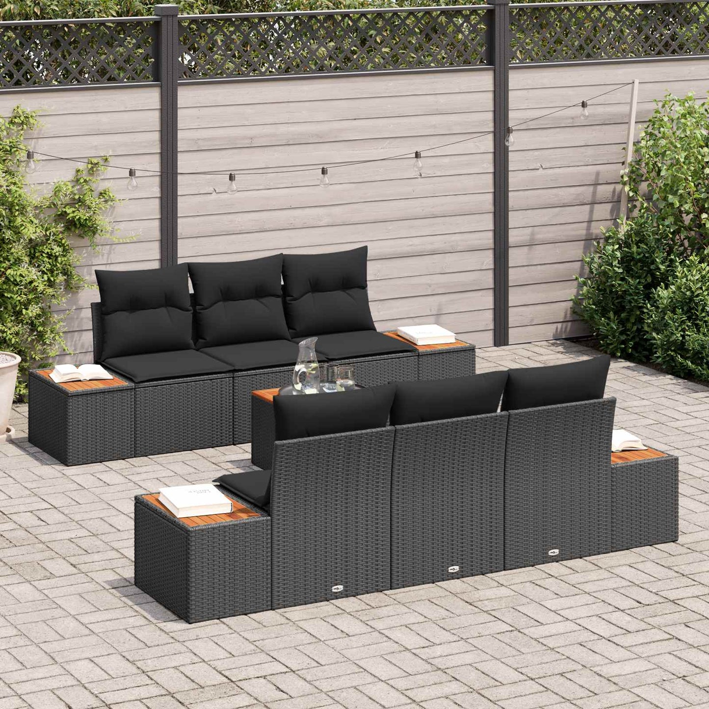 Garten-Sofa-Set mit Kissen 7 pcs Schwarz Poly Rattan