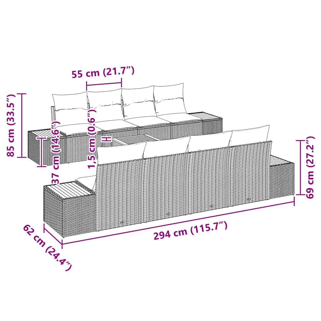 vidaXL Garten-Sofa-Set mit Kissen mit Speicher 9 pcs Beige Poly Rattan
