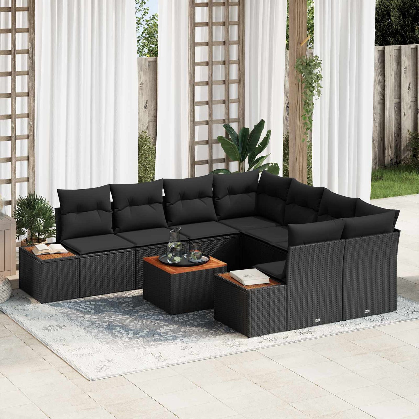 Garten-Sofa-Set mit Kissen 9 pcs Schwarz Poly Rattan