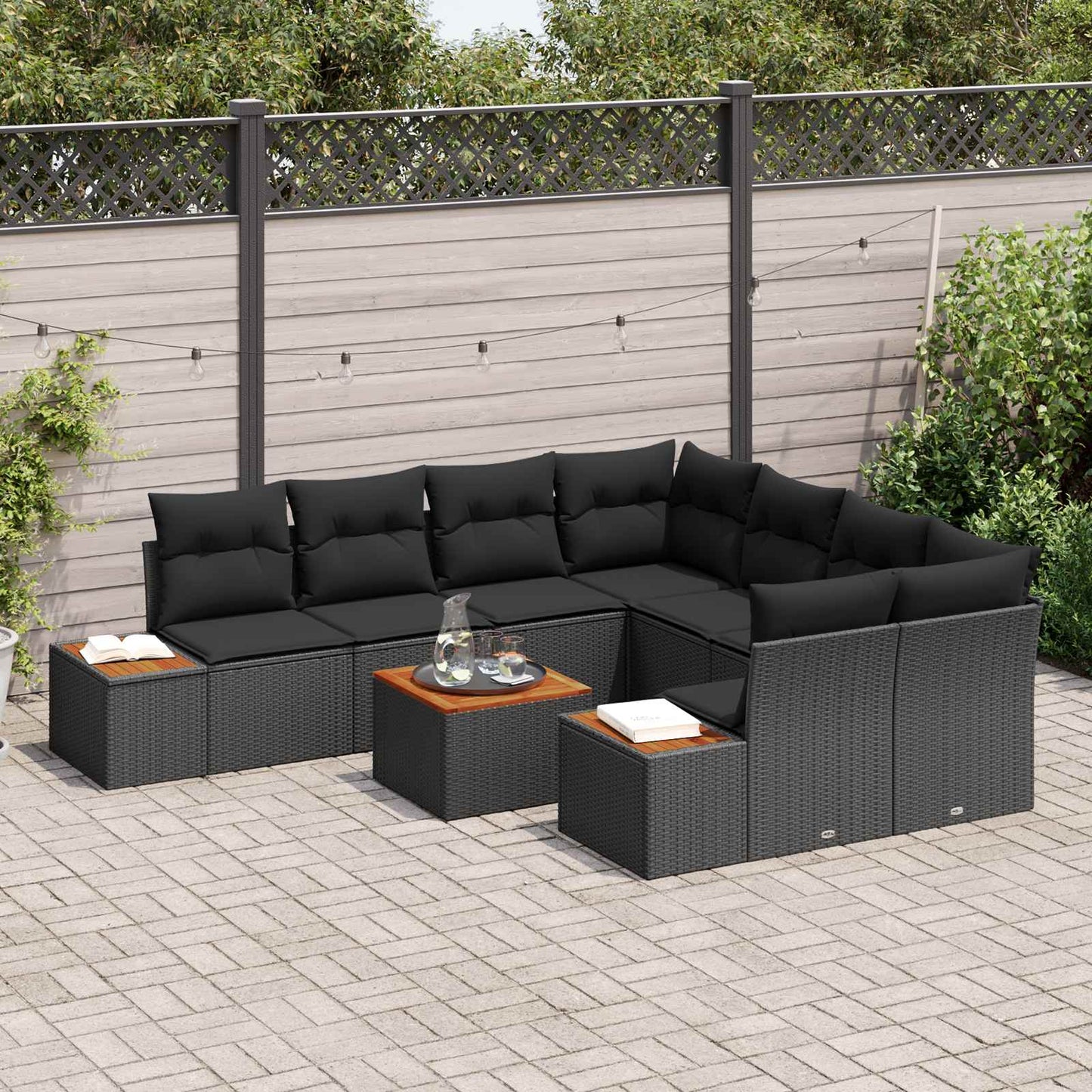 Garten-Sofa-Set mit Kissen 9 pcs Schwarz Poly Rattan