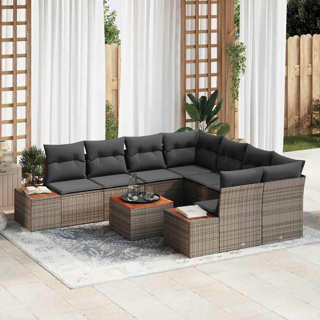 Garten-Sofa-Set mit Kissen mit Speicher 9 pcs Grau Poly Rattan
