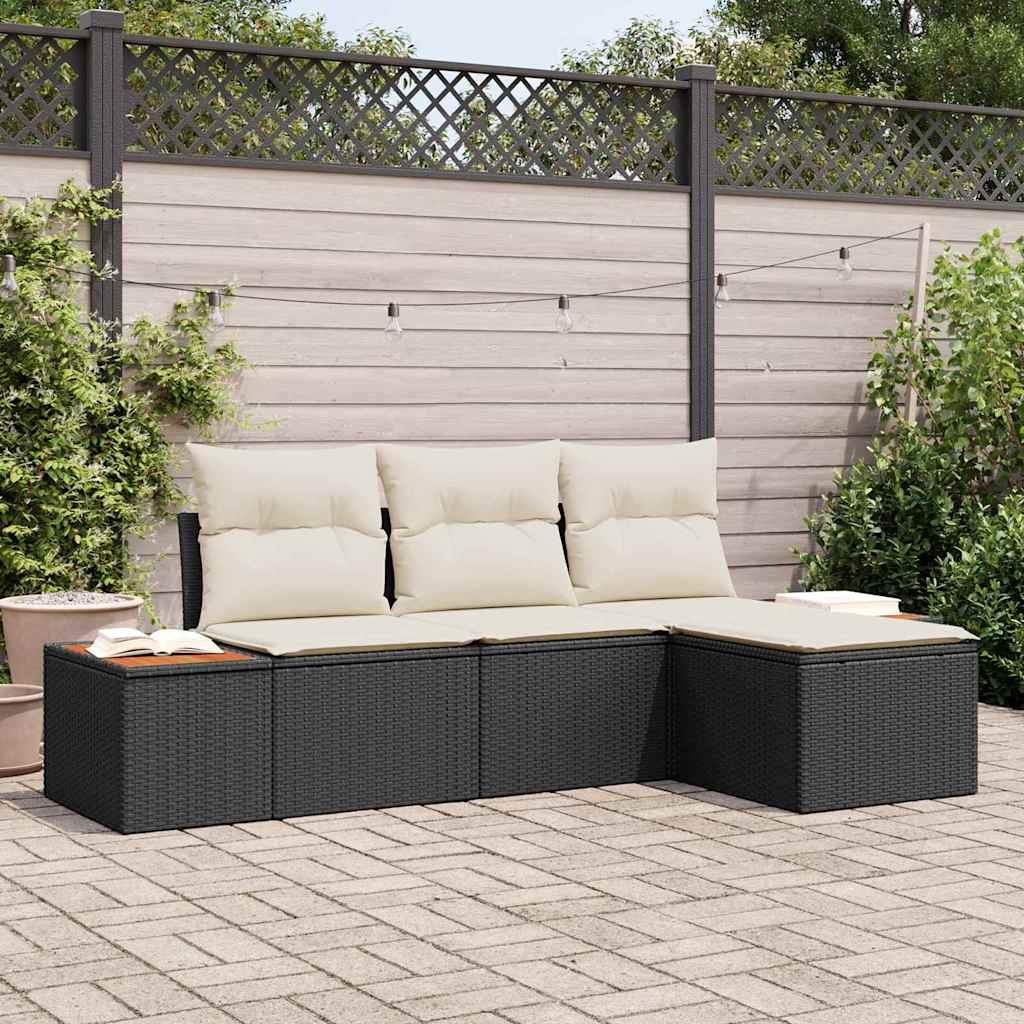 Gartensofa-set mit Kissen 4 pcs Schwarz und Creme Poly Rattan