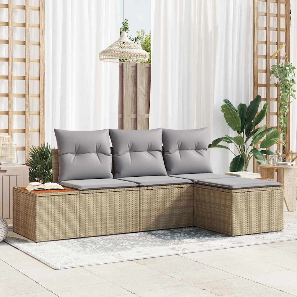 Gartensofa-set mit Kissen 4 pcs Beige und Hellgrau Poly Rattan