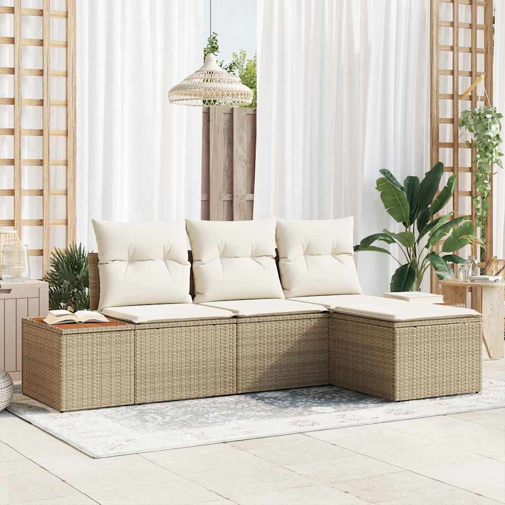 Gartensofa-set mit Kissen 4 pcs Beige und Creme Poly Rattan