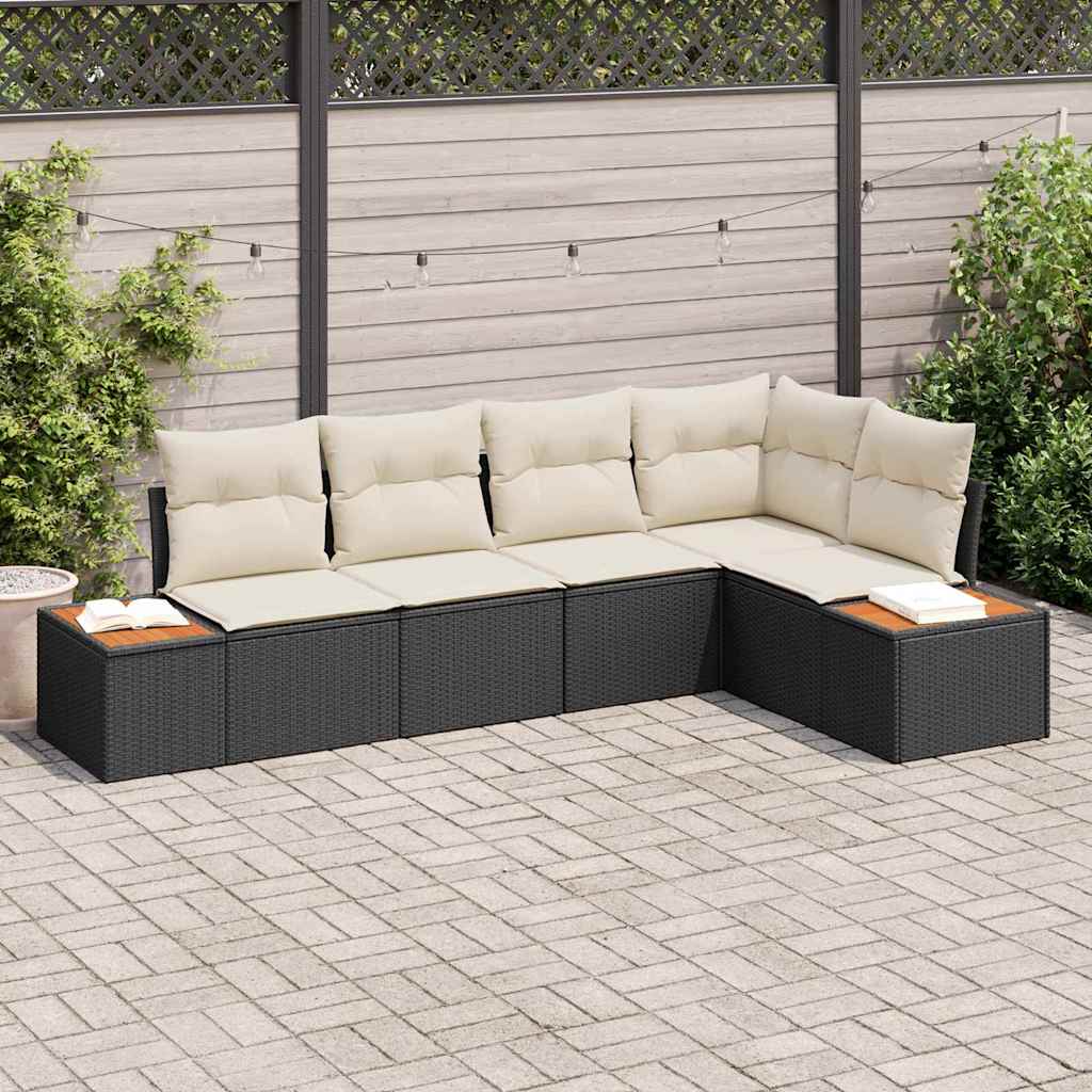 Garten-Sofa-Set mit Kissen 5 pcs Schwarz und Creme Poly Rattan