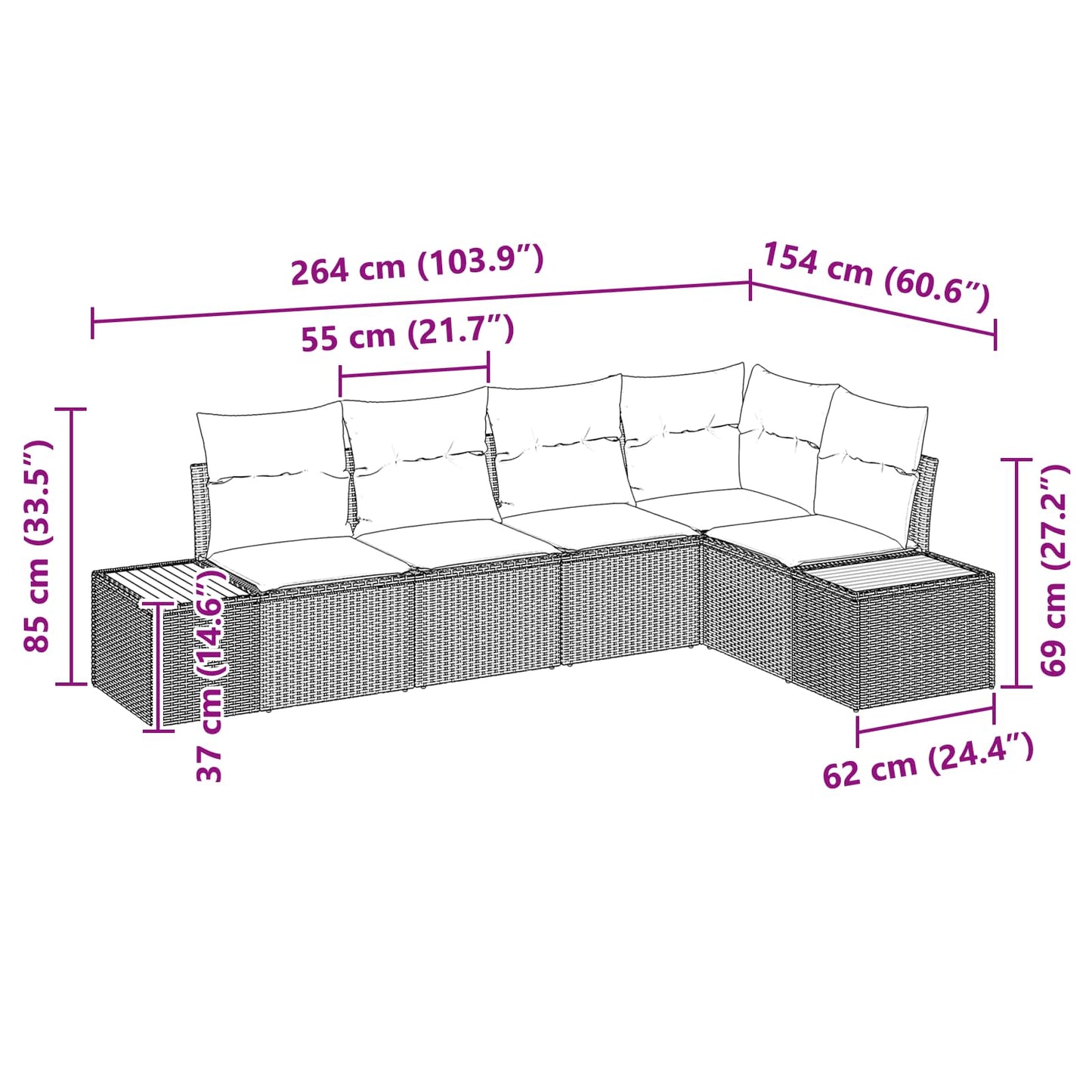 vidaXL Garten-Sofa-Set mit Kissen 5 pcs Schwarz Poly Rattan