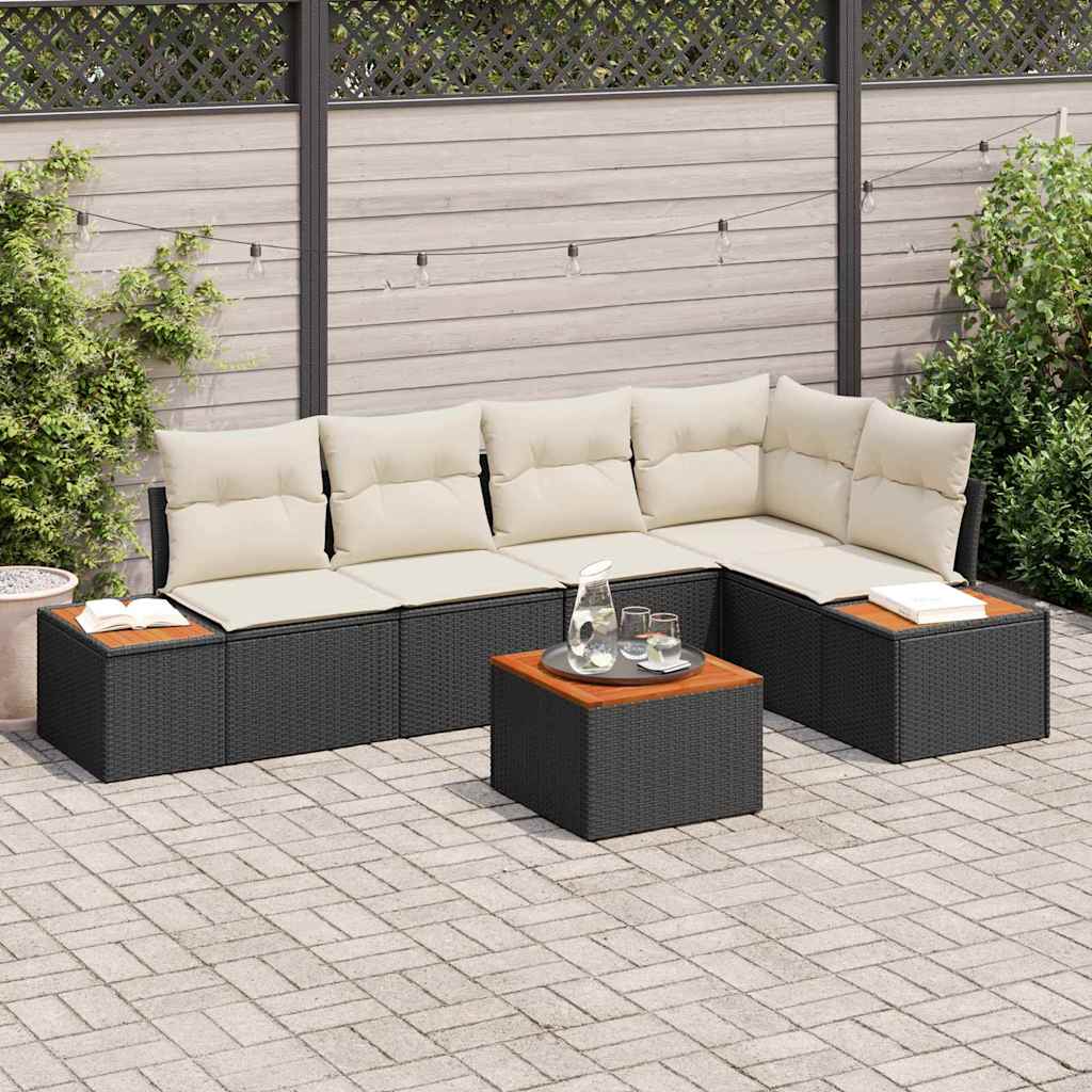 Garten-Sofa-Set mit Kissen 6 pcs Schwarz und Creme Poly Rattan