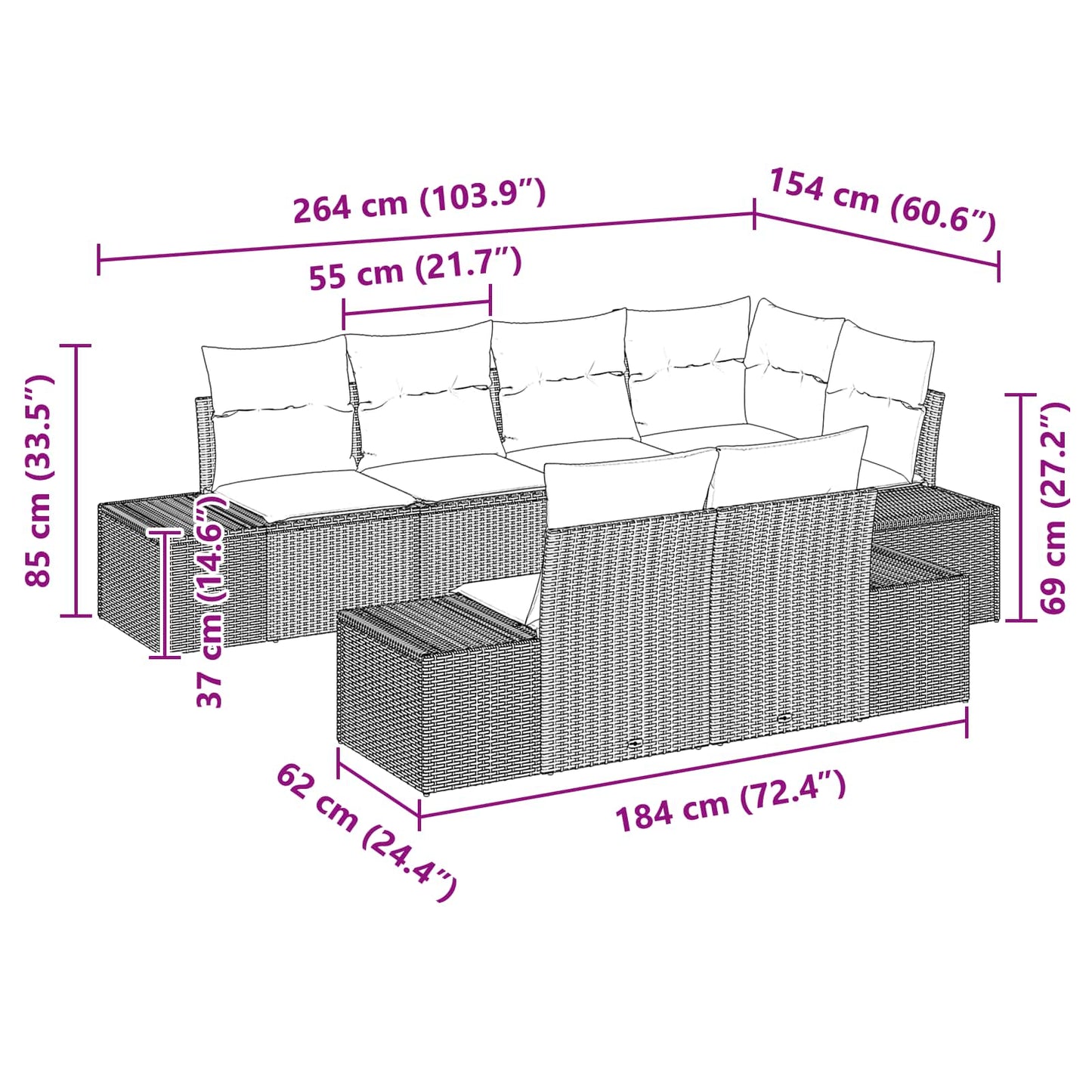 vidaXL Gartensofa-set mit Kissen mit Speicher 7 pcs Schwarz Polyrattan