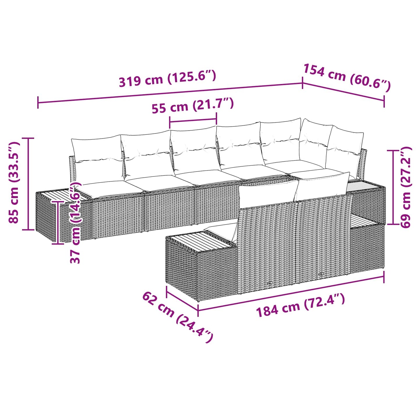vidaXL Gartensofa-set mit Kissen mit Speicher 8 pcs Schwarz Polyrattan