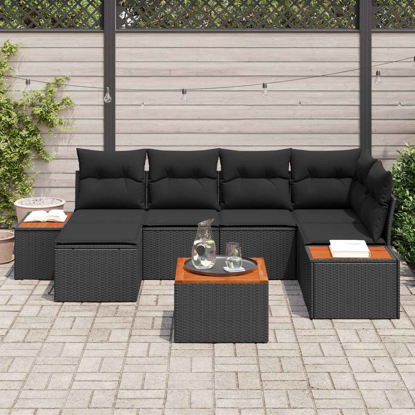 vidaXL Gartensofa-set mit Kissen mit Speicher 7 pcs Schwarz Polyrattan