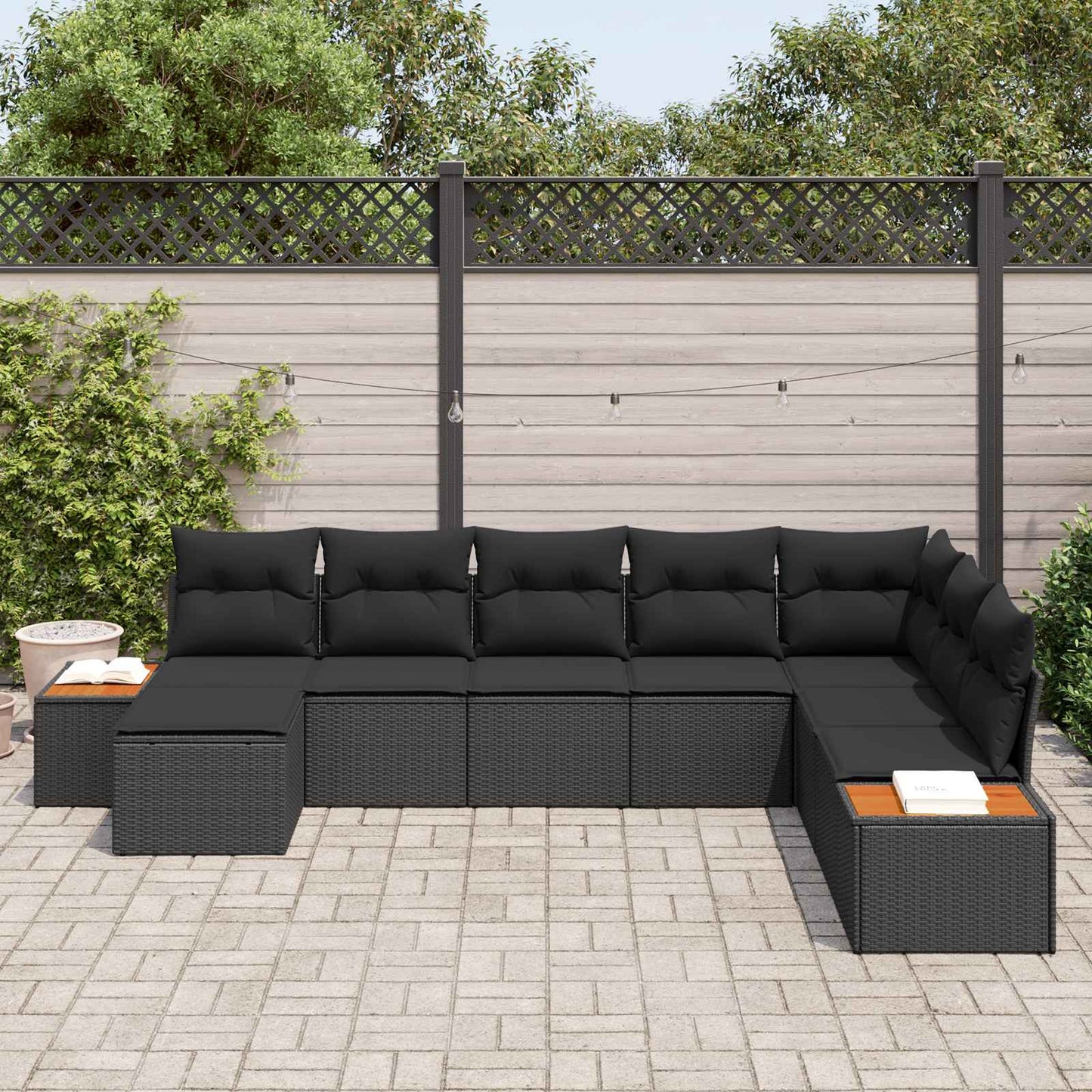 Gartensofa-set mit Kissen mit Speicher 9 pcs Schwarz Polyrattan