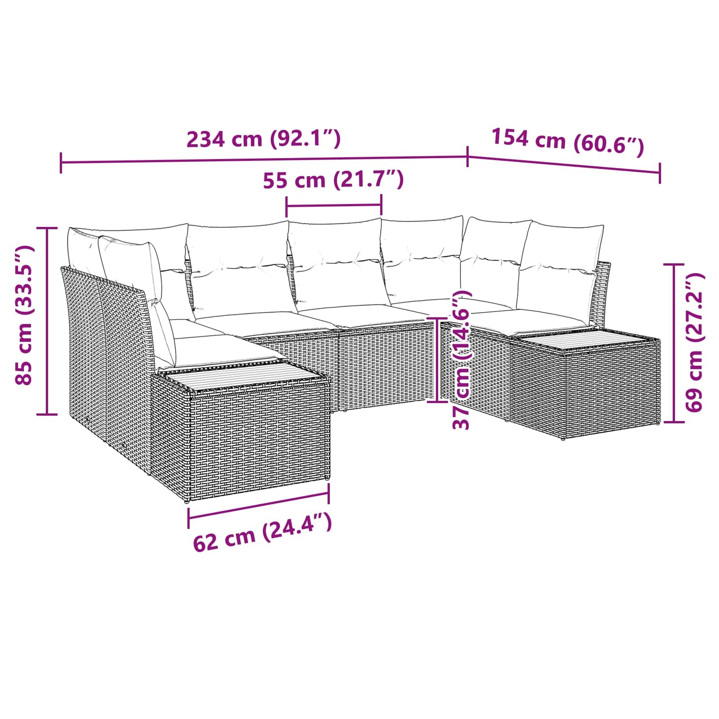 vidaXL Gartensofa-set mit Kissen mit Speicher 6 pcs Schwarz Polyrattan
