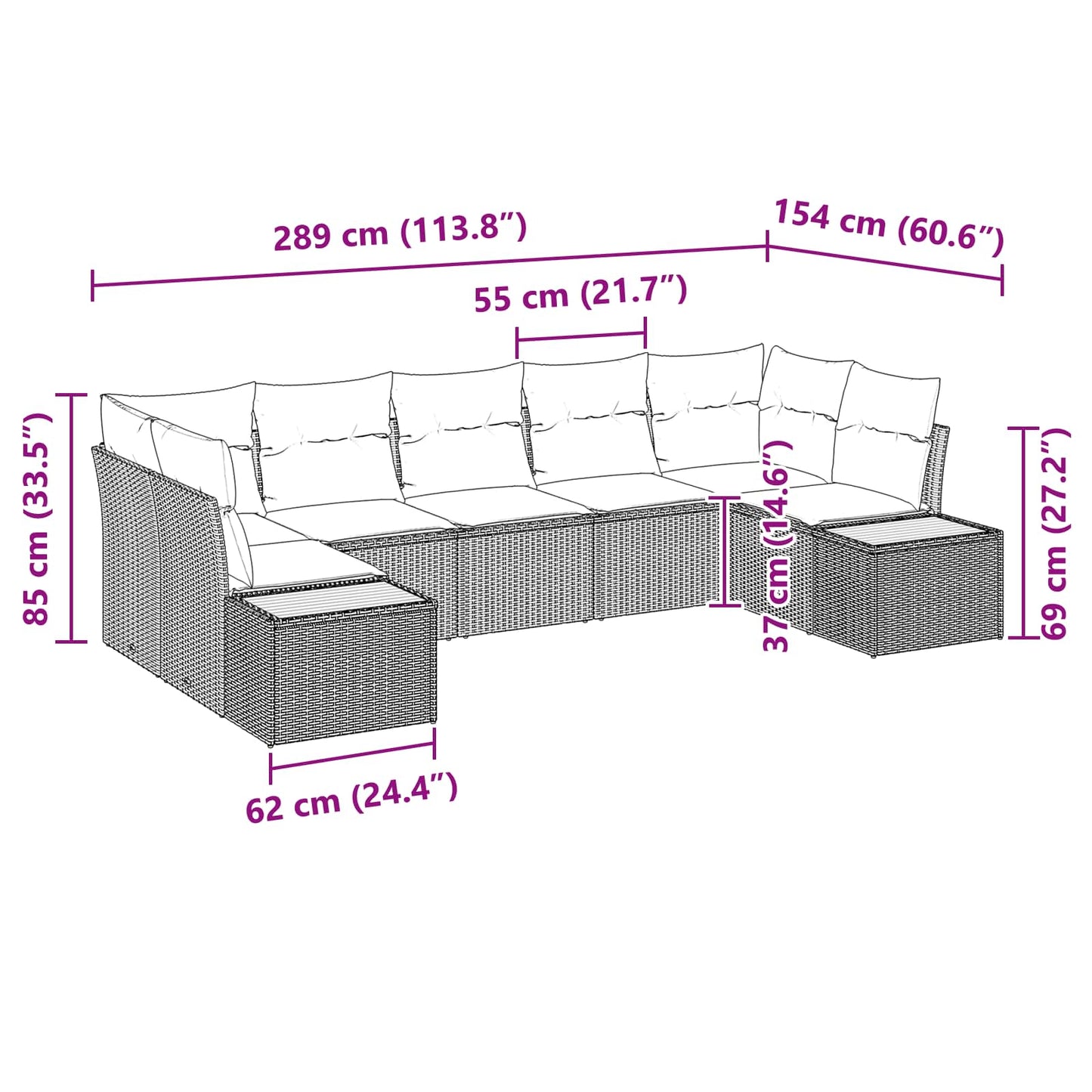 vidaXL Gartensofa-set mit Kissen mit Speicher 7 pcs Schwarz Polyrattan