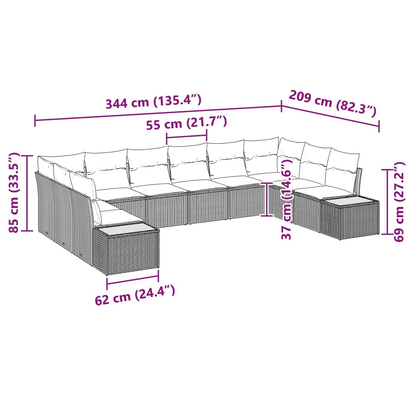vidaXL Gartensofa-set mit Kissen 10 pcs Schwarz Polyrattan
