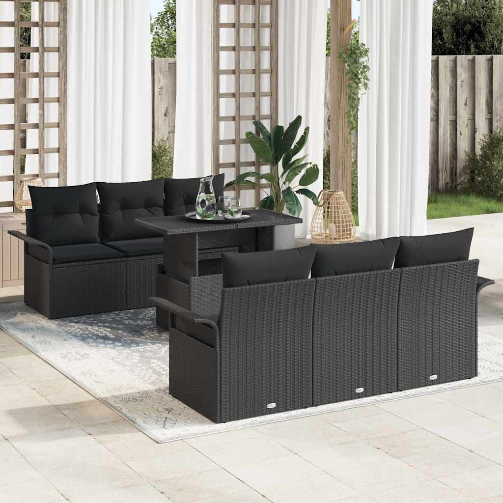 Gartensofa-set mit Kissen 7 pcs Schwarz Poly Rattan