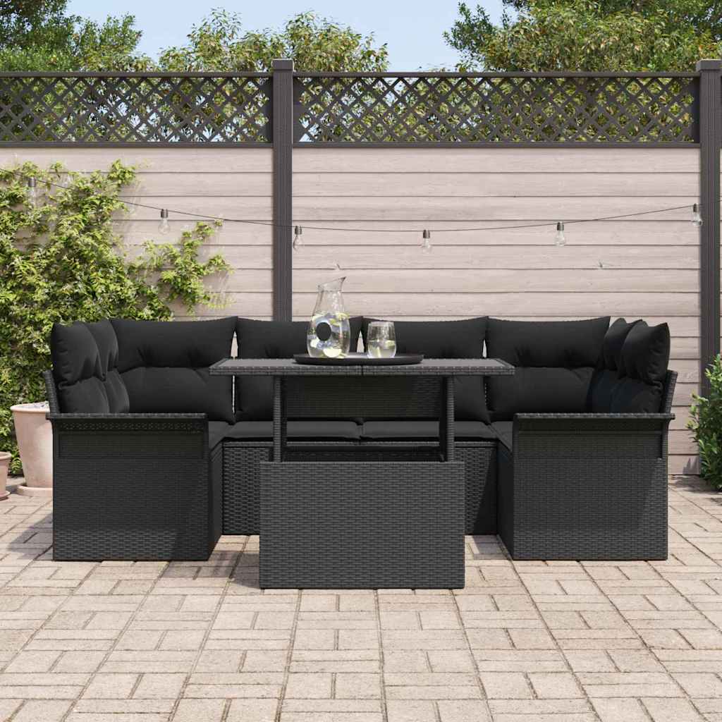 Gartensofa-set mit Kissen 7 pcs Schwarz Poly Rattan