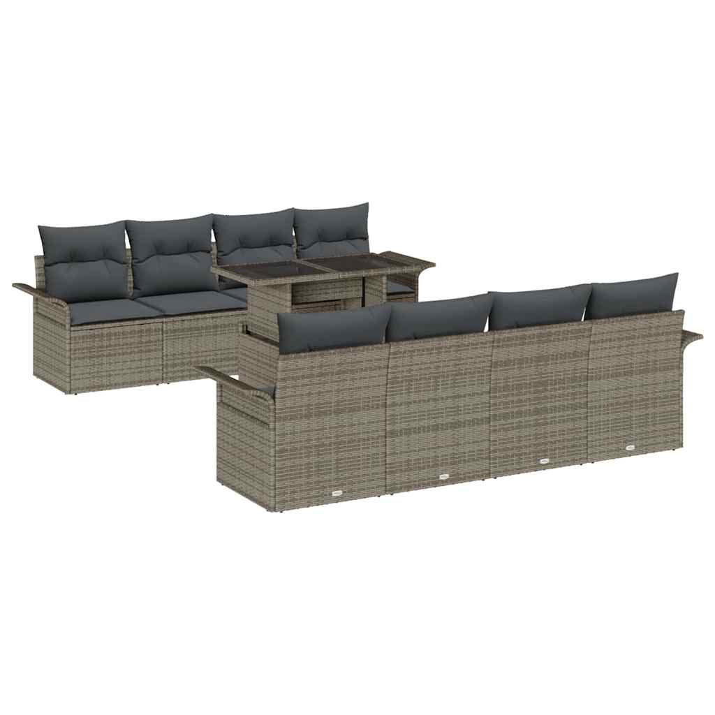Gartensofa-set mit Kissen mit Speicher 9 pcs Grau Poly Rattan