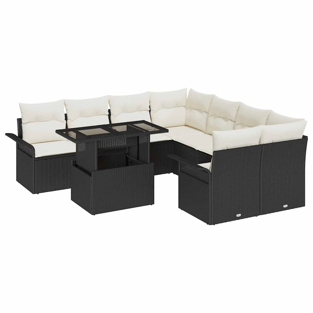 Gartensofa-set mit Kissen 9 pcs Schwarz Poly Rattan
