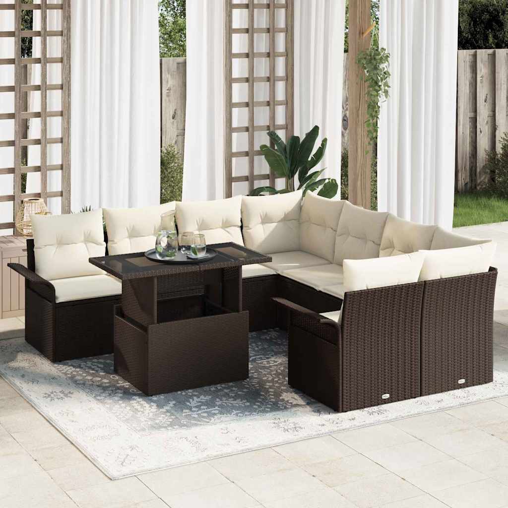 Gartensofa-set mit Kissen mit Speicher 9 pcs Braun Poly Rattan