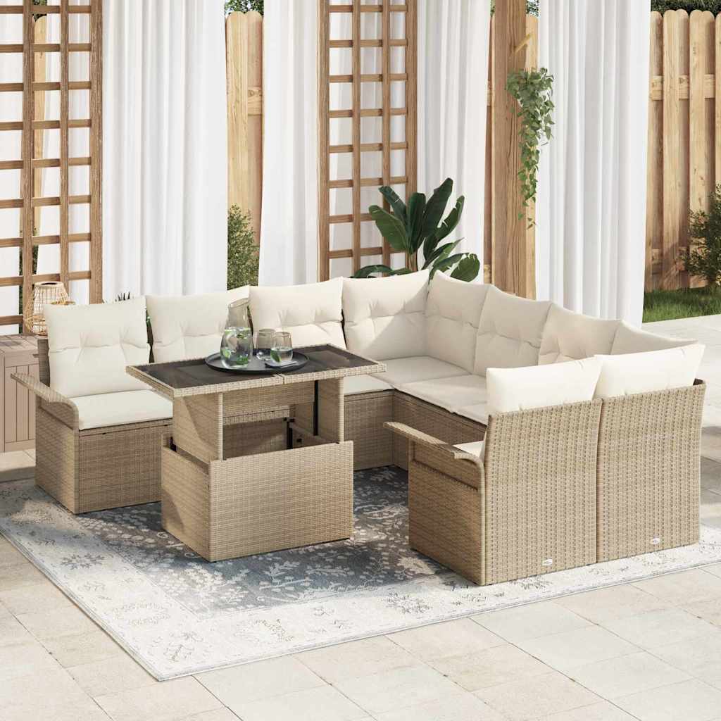 Gartensofa-set mit Kissen mit Speicher 9 pcs Beige Poly Rattan