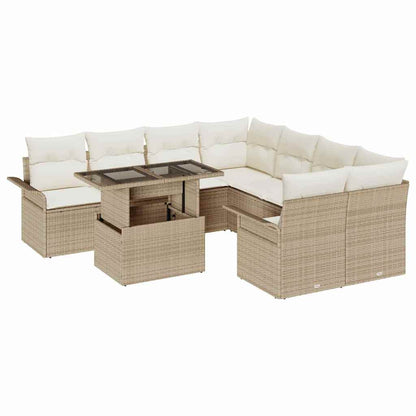 Gartensofa-set mit Kissen mit Speicher 9 pcs Beige Poly Rattan