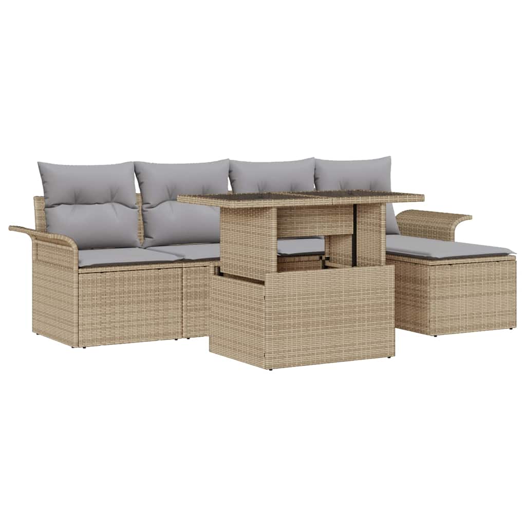 Garten-Sofa-Set mit Kissen mit Speicher 6 pcs Beige Poly Rattan