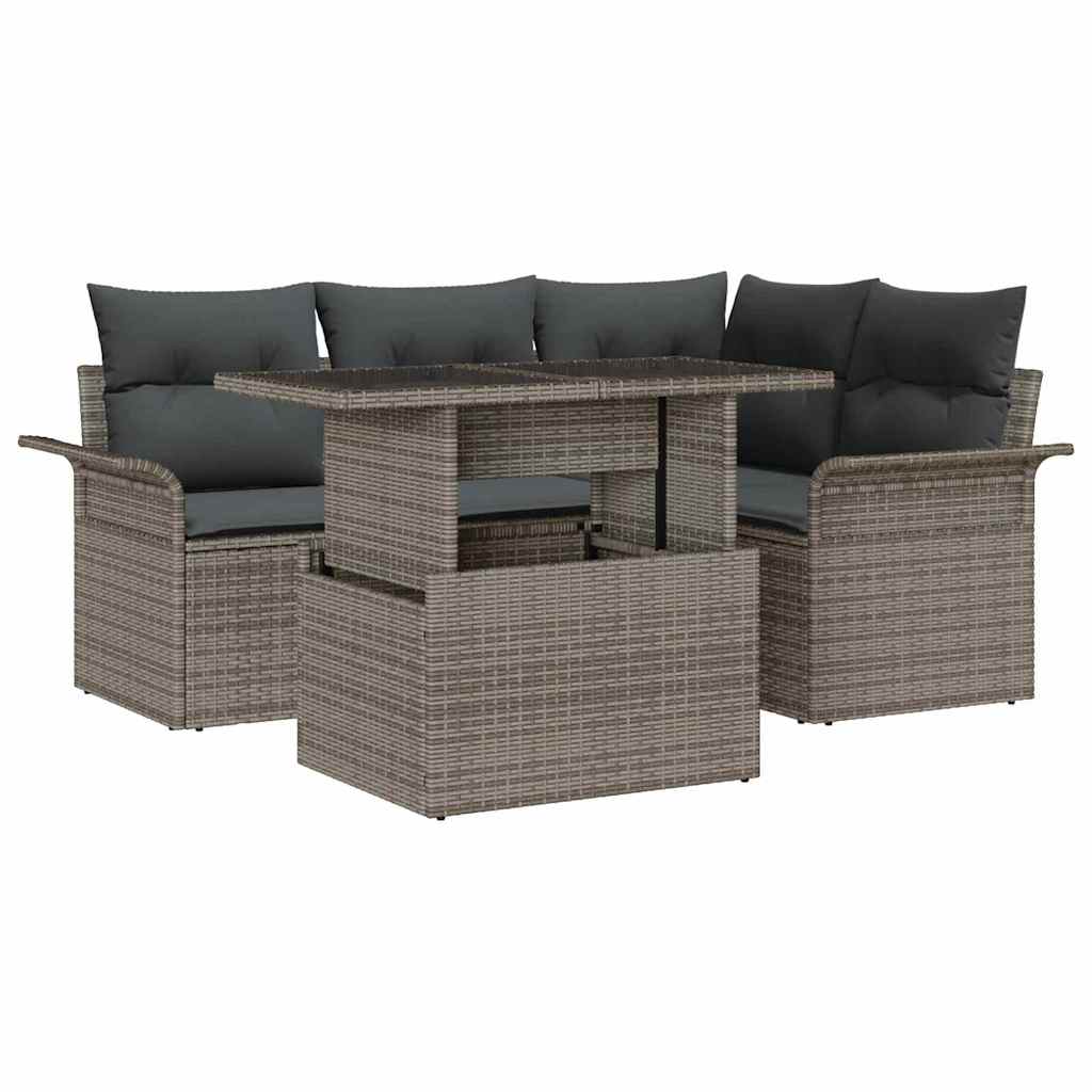 Garten-Sofa-Set mit Kissen mit Speicher 5 pcs Grau Poly Rattan