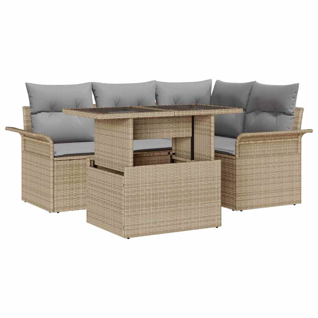 Garten-Sofa-Set mit Kissen mit Speicher 5 pcs Beige Poly Rattan
