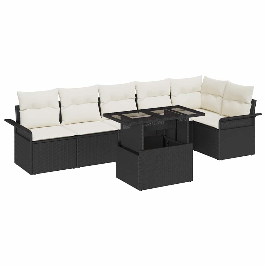 Garten-Sofa-Set mit Kissen 7 pcs Schwarz Poly Rattan
