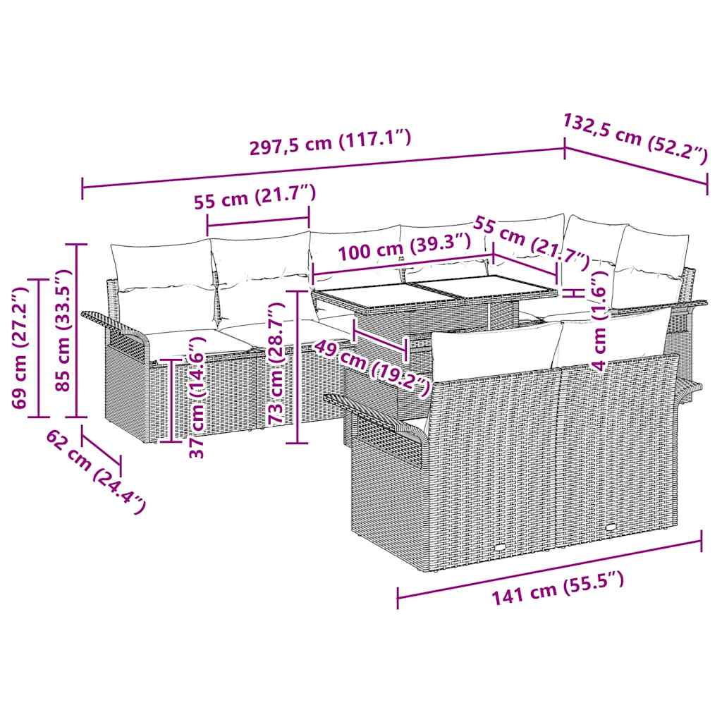 Garten-Sofa-Set mit Kissen mit Speicher 9 pcs Grau Poly Rattan