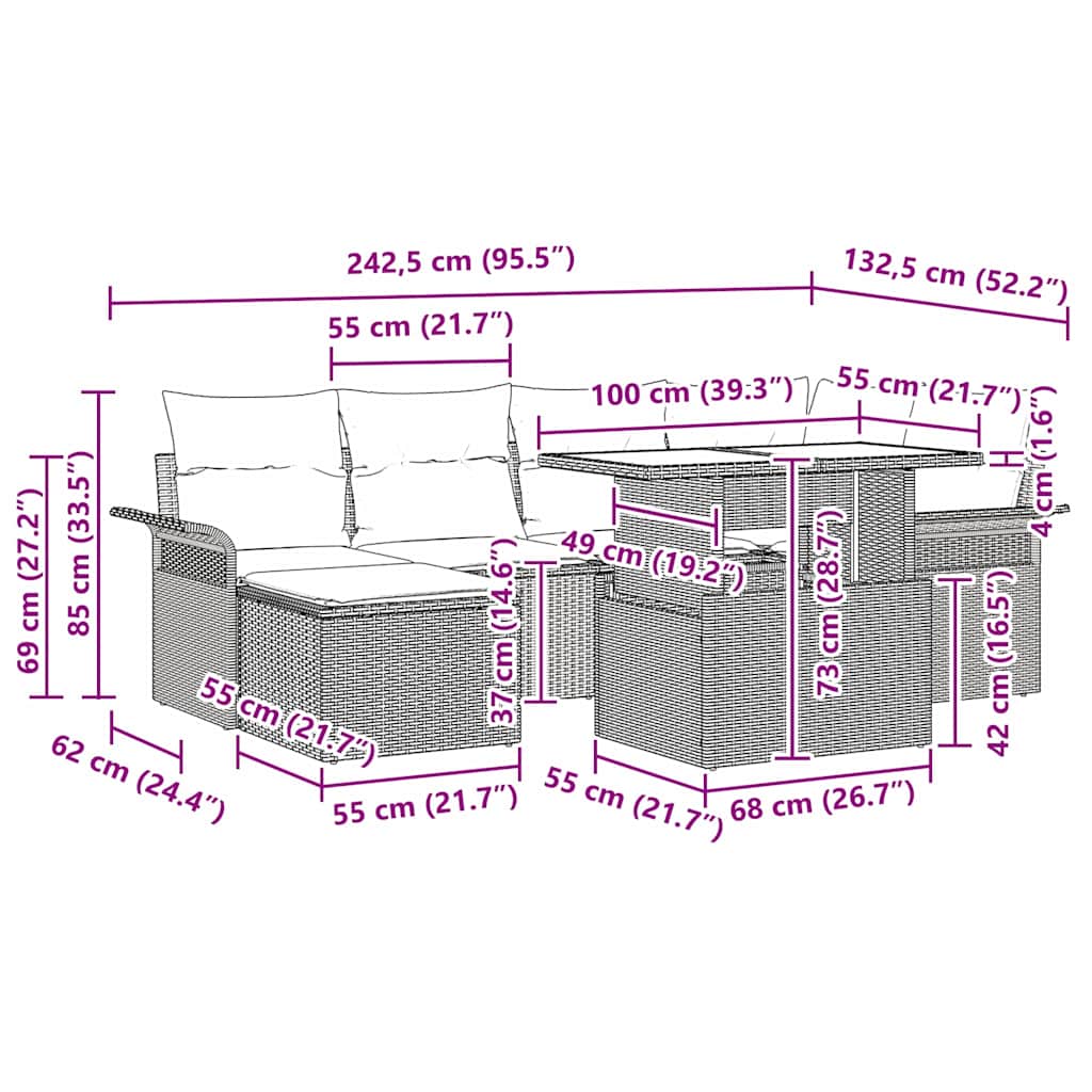 Garten-Sofa-Set mit Kissen mit Speicher 7 pcs Braun Poly Rattan