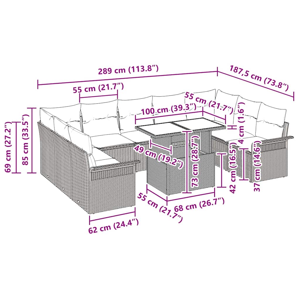 Garten-Sofa-Set mit Kissen 10 pcs Schwarz Poly Rattan