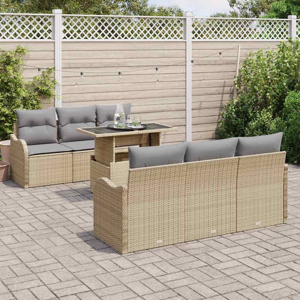 Garten-Sofa-Set mit Kissen mit Speicher 7 pcs Beige Poly Rattan