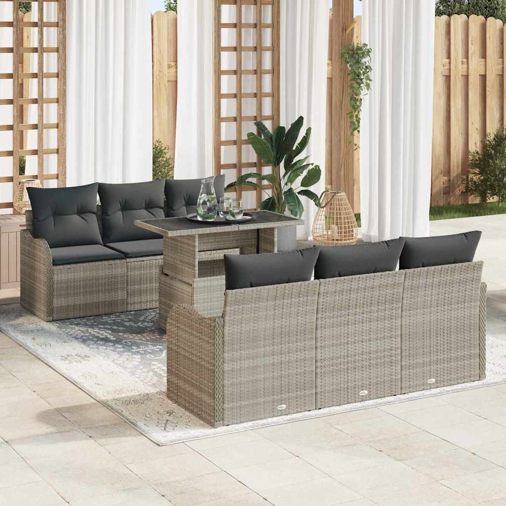 Garten-Sofa-Set mit Kissen 7 pcs Hellgrau Poly Rattan