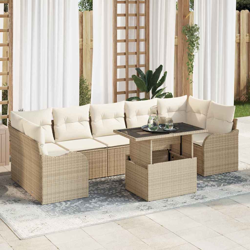 Garten-Sofa-Set mit Kissen mit Speicher 8 pcs Beige Poly Rattan