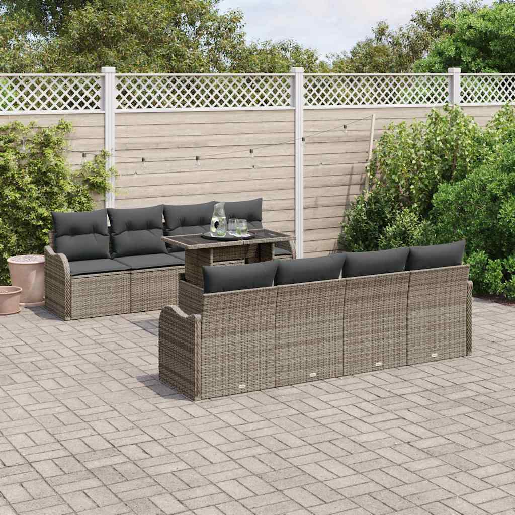 Garten-Sofa-Set mit Kissen mit Speicher 9 pcs Grau Poly Rattan