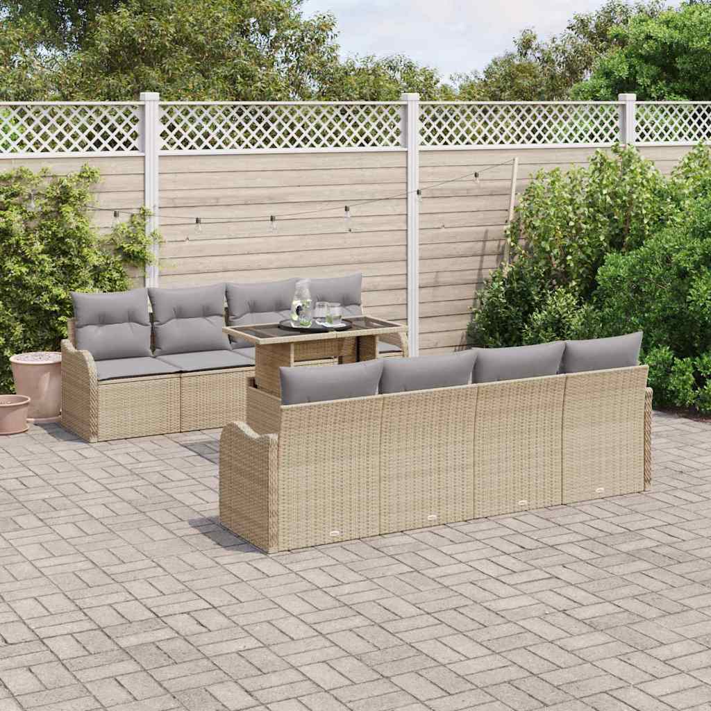 vidaXL Garten-Sofa-Set mit Kissen mit Speicher 9 pcs Beige Poly Rattan
