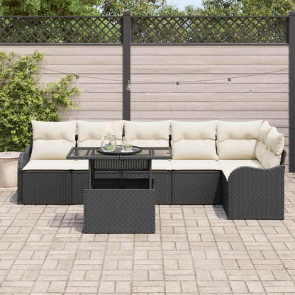 Garten-Sofa-Set mit Kissen mit Kissen 7 pcs Schwarz Poly Rattan
