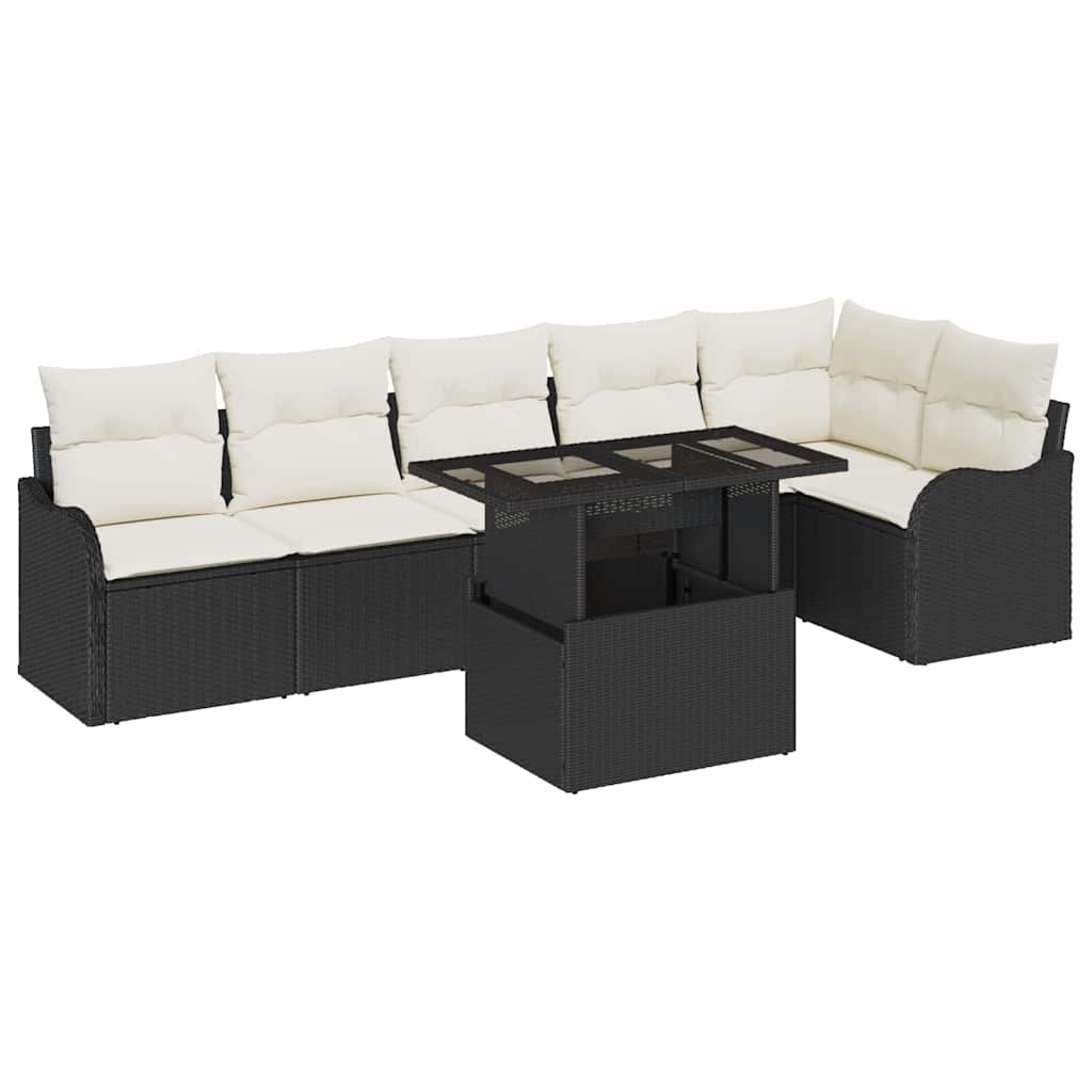 Garten-Sofa-Set mit Kissen mit Kissen 7 pcs Schwarz Poly Rattan