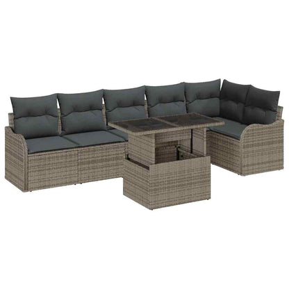 Garten-Sofa-Set mit Kissen mit Kissen 7 pcs Grau Poly Rattan