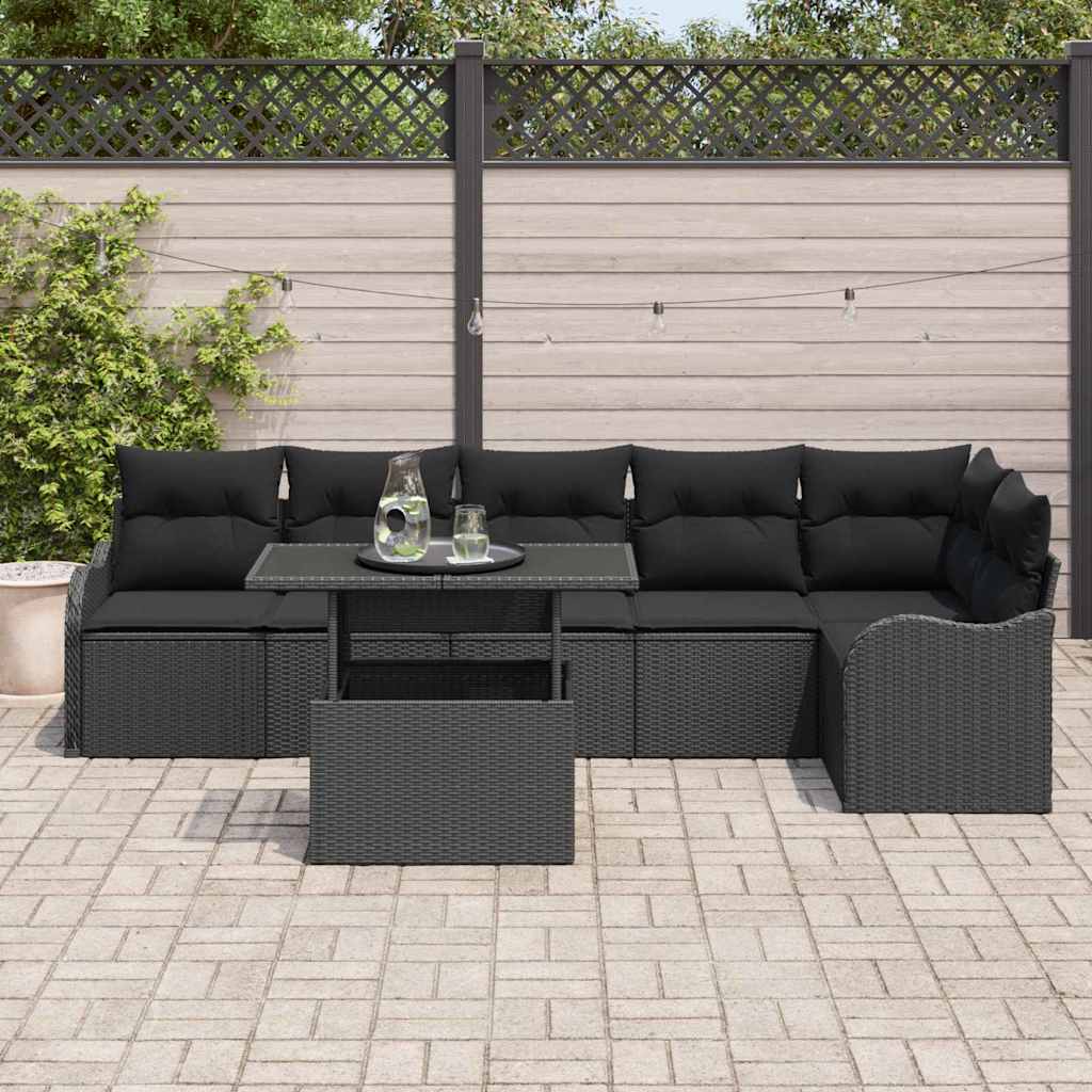 vidaXL Garten-Sofa-Set mit Kissen mit Kissen 7 pcs Schwarz Poly Rattan