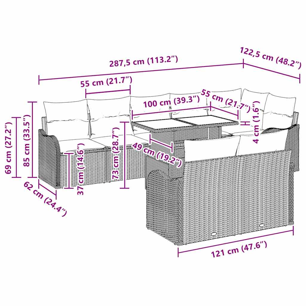 Garten-Sofa-Set mit Kissen mit Kissen 9 pcs Schwarz Poly Rattan