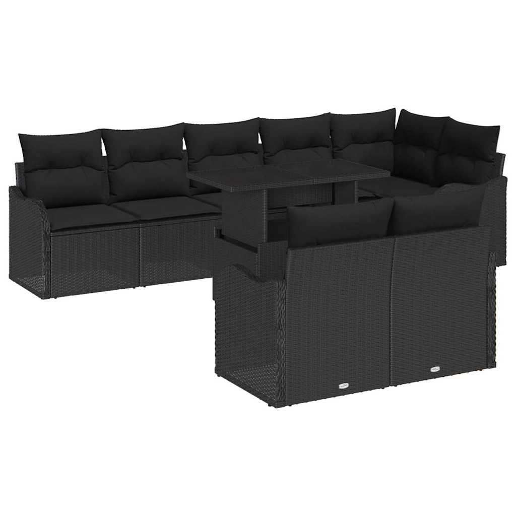 Garten-Sofa-Set mit Kissen mit Kissen 9 pcs Schwarz Poly Rattan