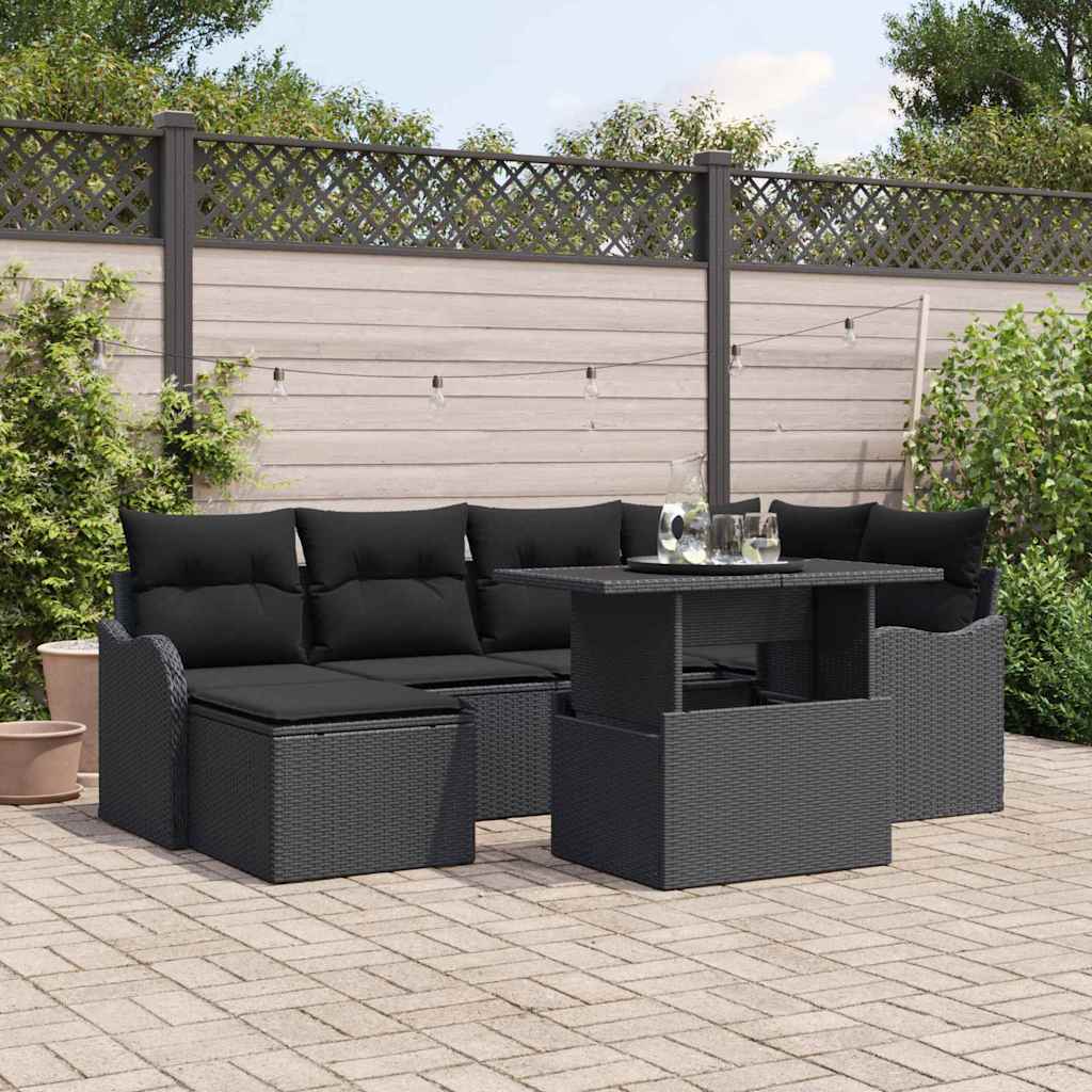 Garten-Sofa-Set mit Kissen 7 pcs Schwarz Poly Rattan
