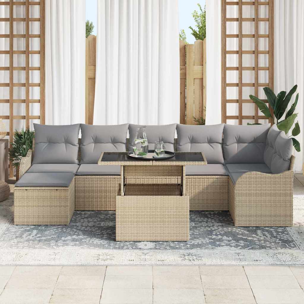Garten-Sofa-Set mit Kissen mit Speicher 8 pcs Beige Poly Rattan