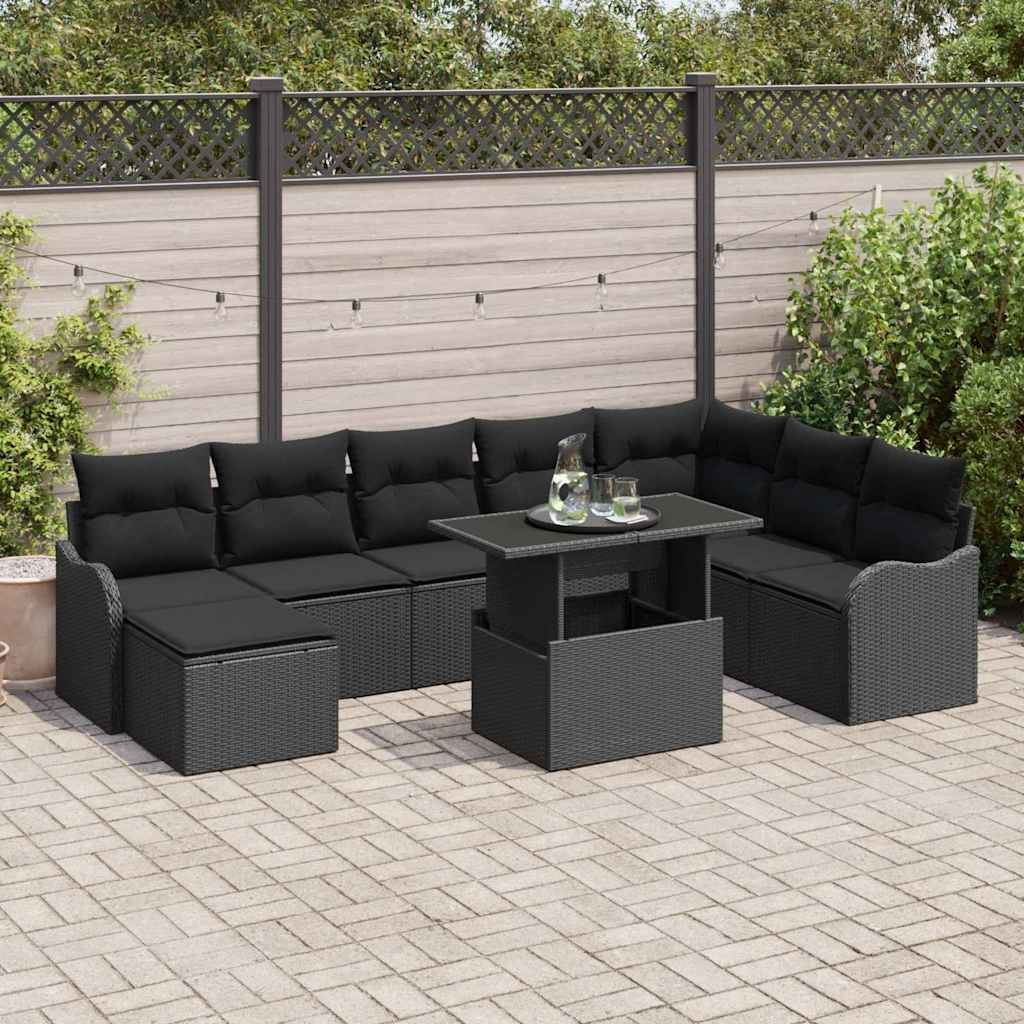 Garten-Sofa-Set mit Kissen 9 pcs Schwarz Poly Rattan